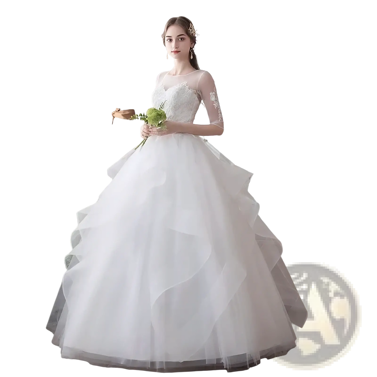 White lace ball gown wedding dress with sheer lace bodice long sleeves and tiered tulle skirt plus size