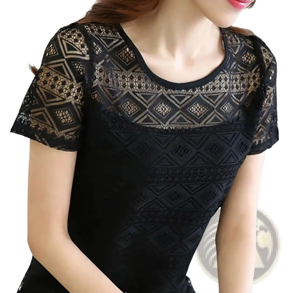 Black lace blouse slim fit short sleeve top with geometric gold thread pattern and delicate fabric design