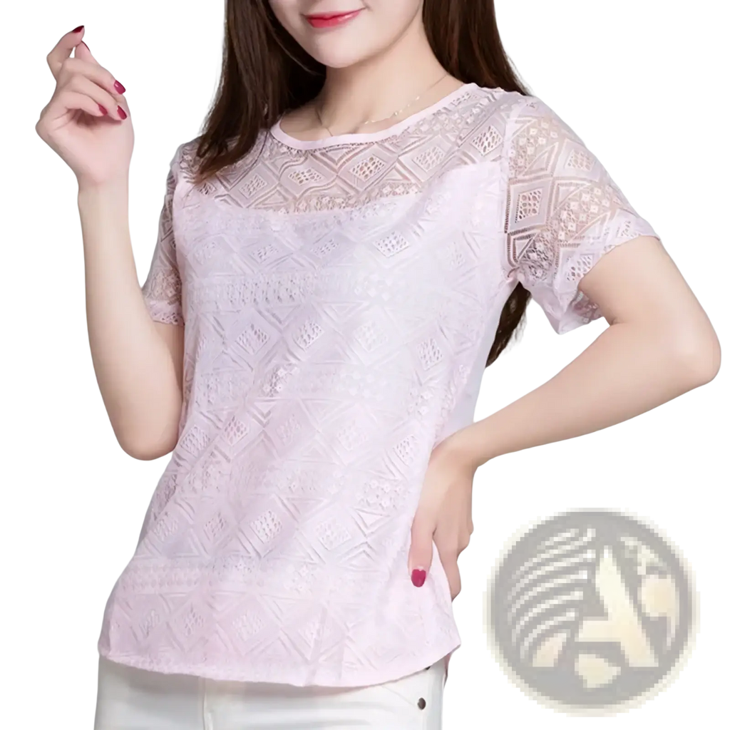 A delicate light pink lace blouse with slim fit short flutter sleeves and an intricate geometric pattern