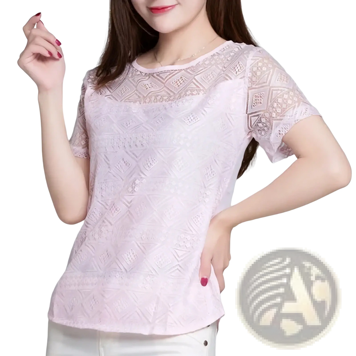 A delicate light pink lace blouse with slim fit short flutter sleeves and an intricate geometric pattern