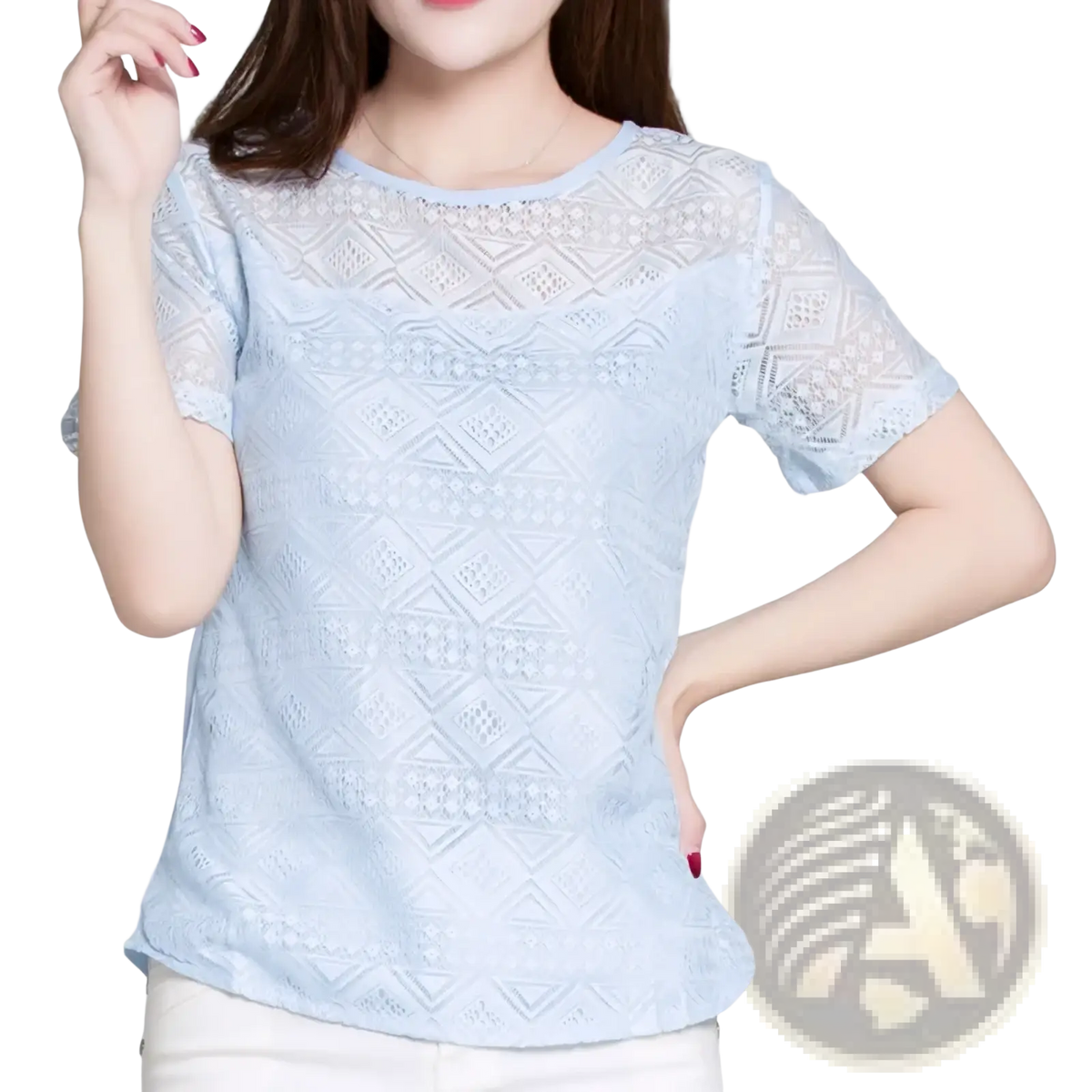 Light blue lace blouse slim fit with short sleeves and round neckline suitable for stylish casual wear