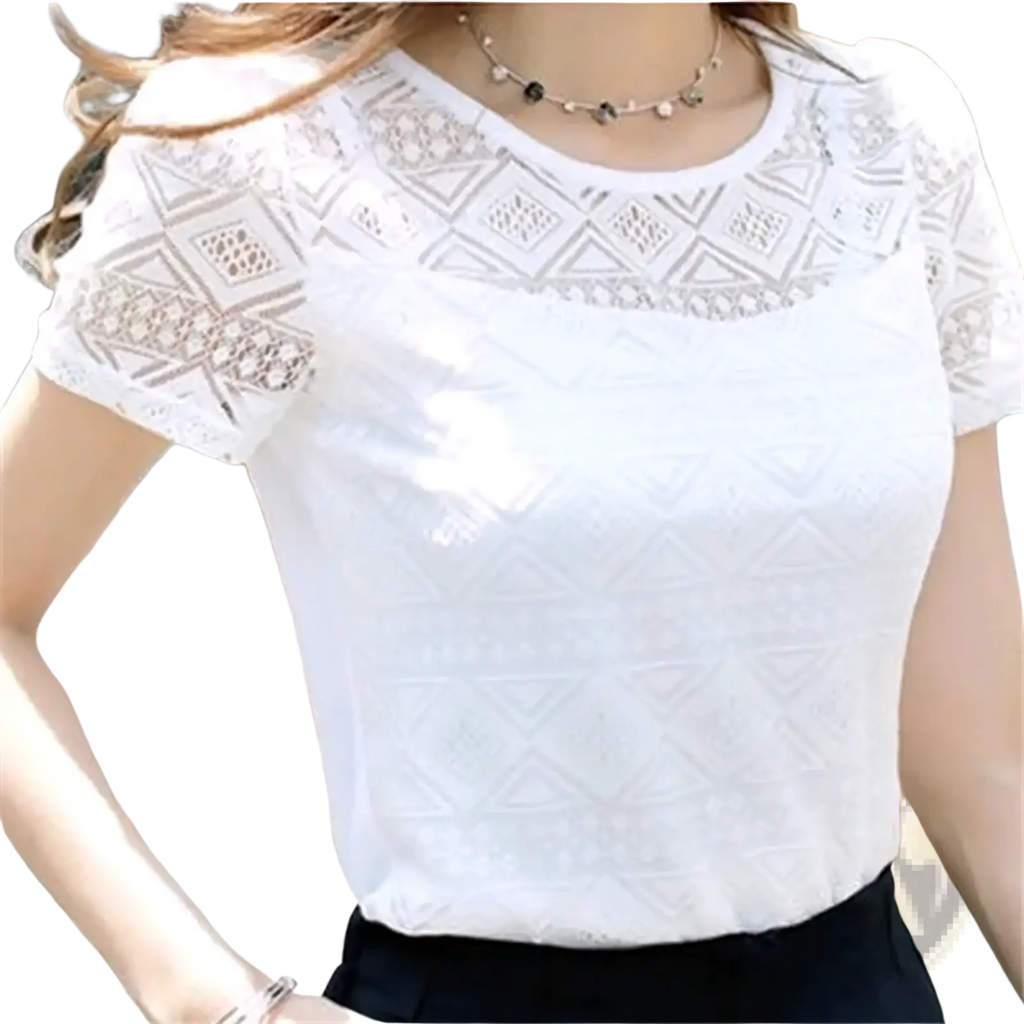 White lace blouse slim fit short sleeve top with intricate geometric lace detailing on neckline and sleeves