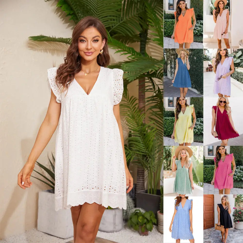 White eyelet lace jacquard beach dress with puff sleeves v neckline and pockets designed for casual summer wear