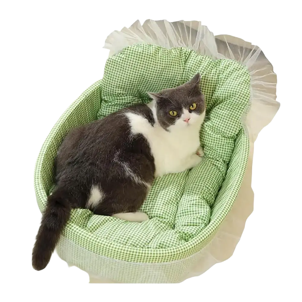 Green checkered plush cat sofa bed with lace edge sheer white ruffled trim for comfortable pet lounging