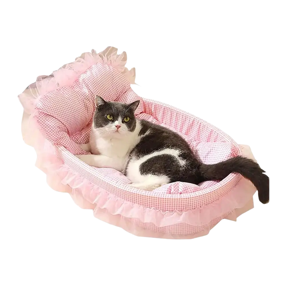 Pink checkered plush cat sofa bed with lace edge ruffled trim and matching pillow for cozy pet comfort