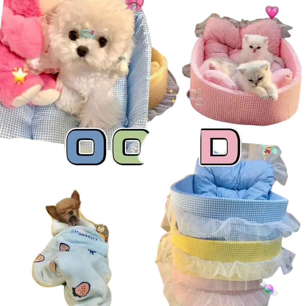 Pink checkered lace edge plush cat sofa bed with ruffled edges and matching bow for pet comfort