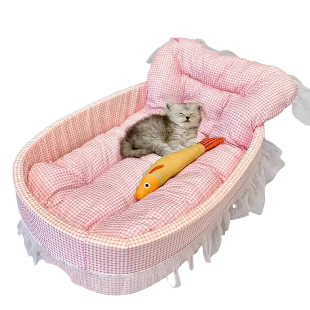 Pink gingham lace edge plush cat sofa bed with ruffled edge and cushioned interior for pet comfort