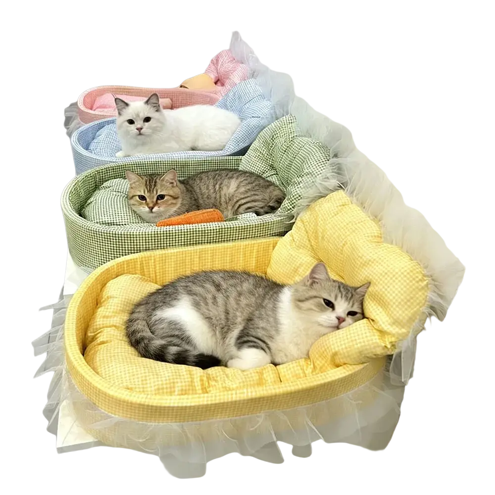 Yellow checkered plush cat sofa bed with lace edge and fluffy white tulle skirt for pet comfort and style