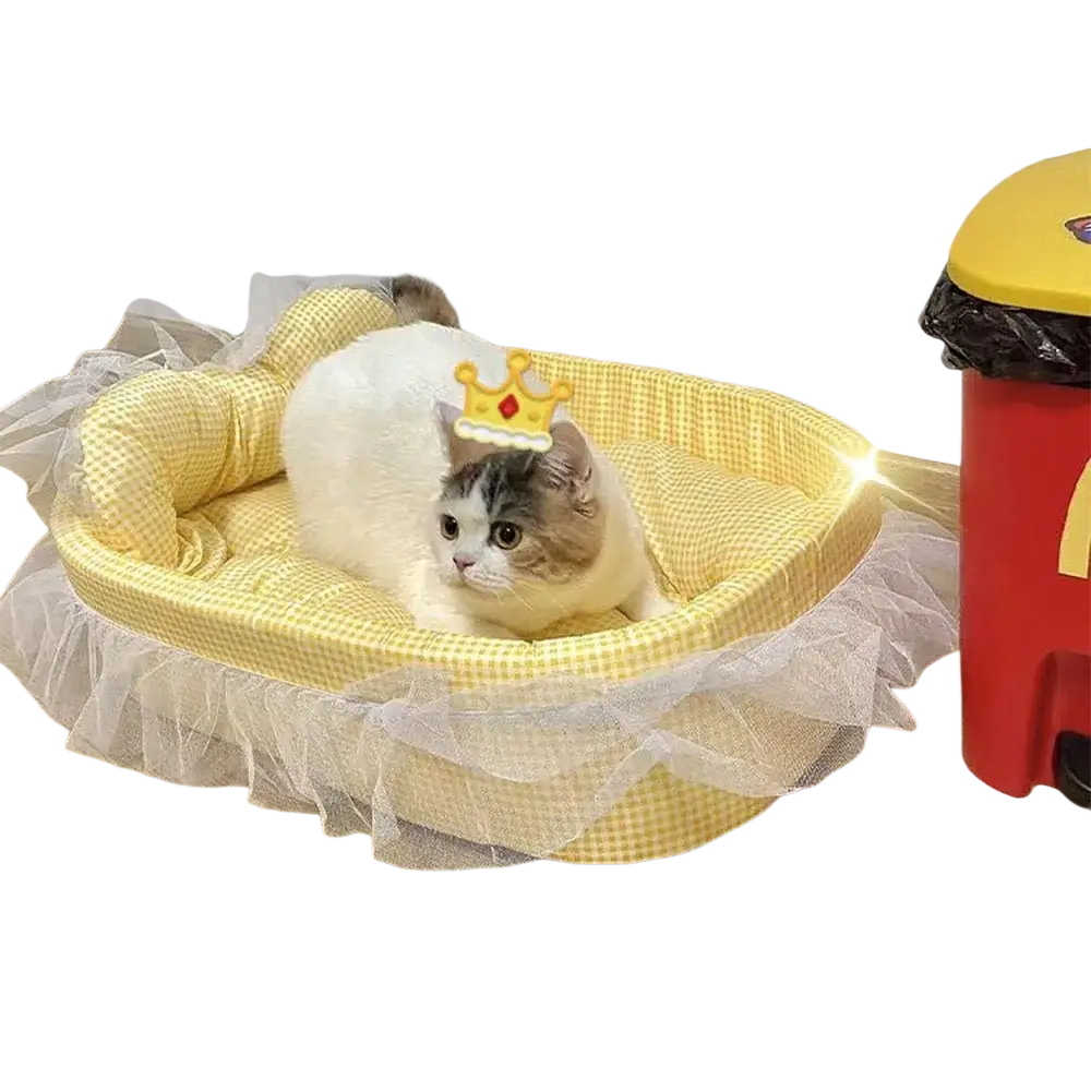 Yellow checkered plush cat sofa bed with lace edge sheer white ruffled trim for comfortable pet lounging