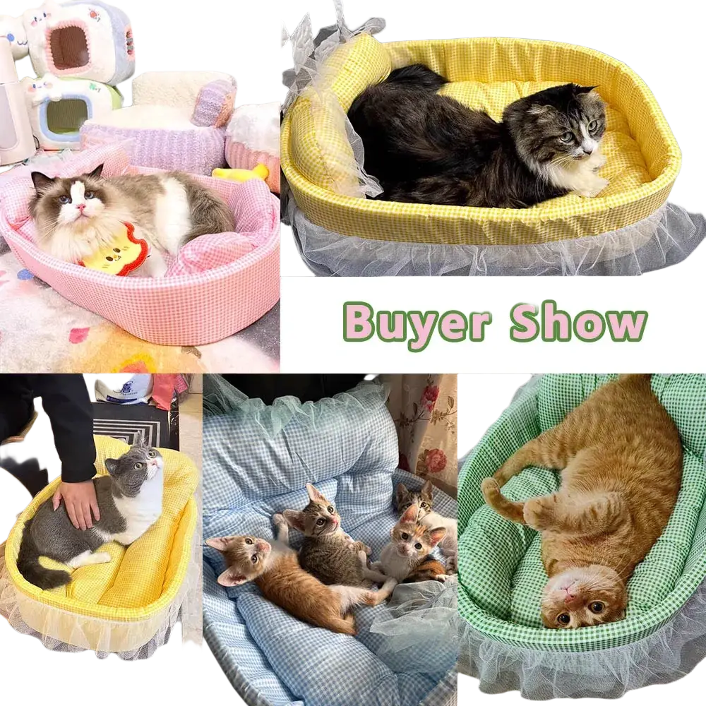 Lace edge plush cat sofa bed in yellow checkered fabric with a sheer white ruffled skirt for pet comfort