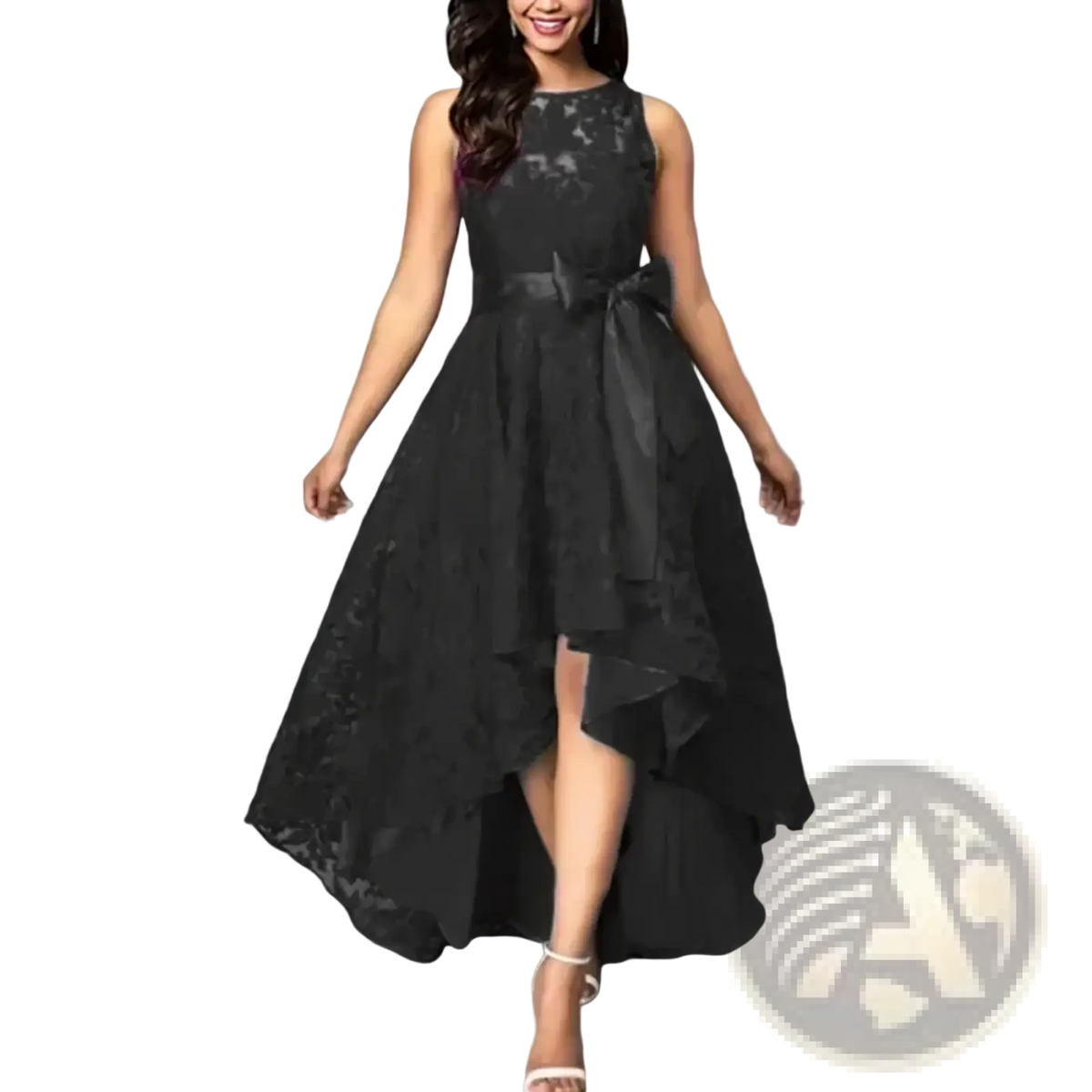 Black lace high-low evening maxi dress with fitted bodice and elegant bow at waist for plus size formal party wear