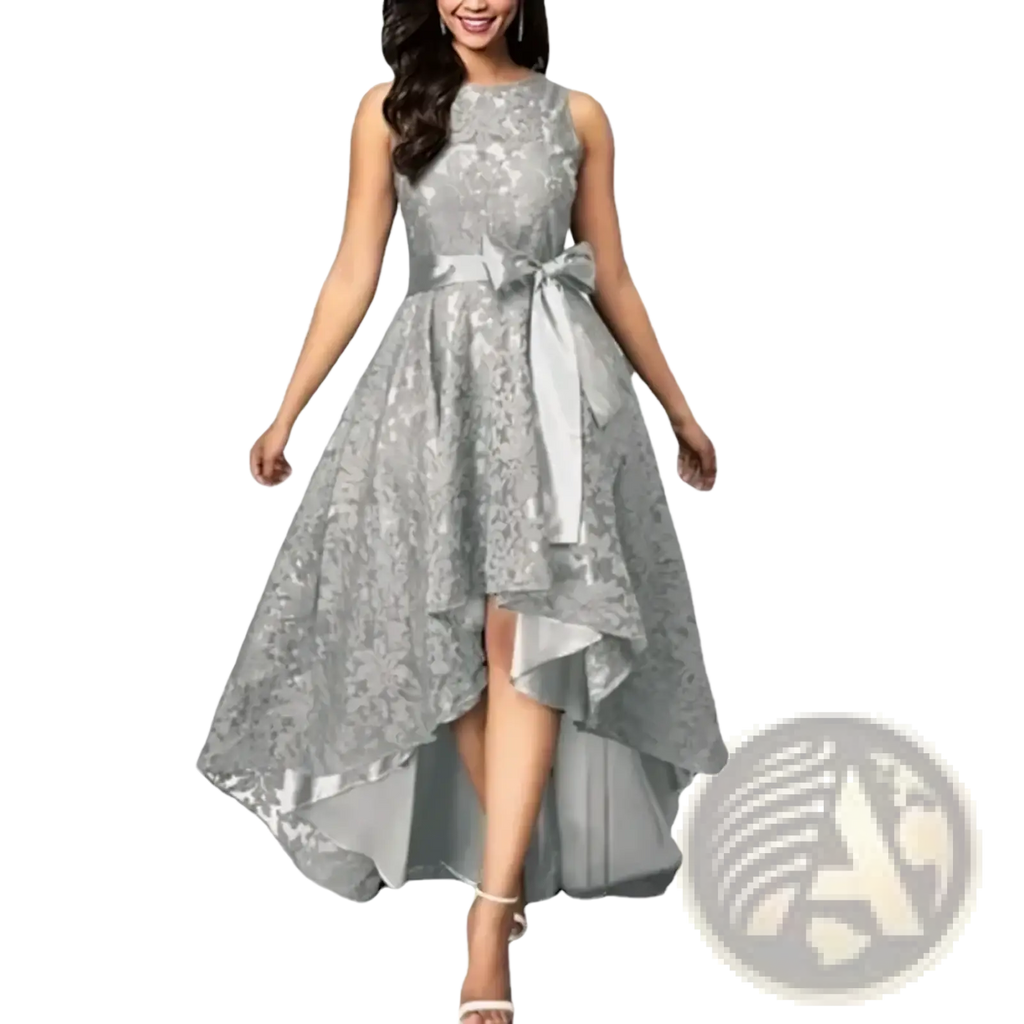Silver lace high-low evening maxi dress plus size with a matching satin sash tied in a bow at the waist for formal parties