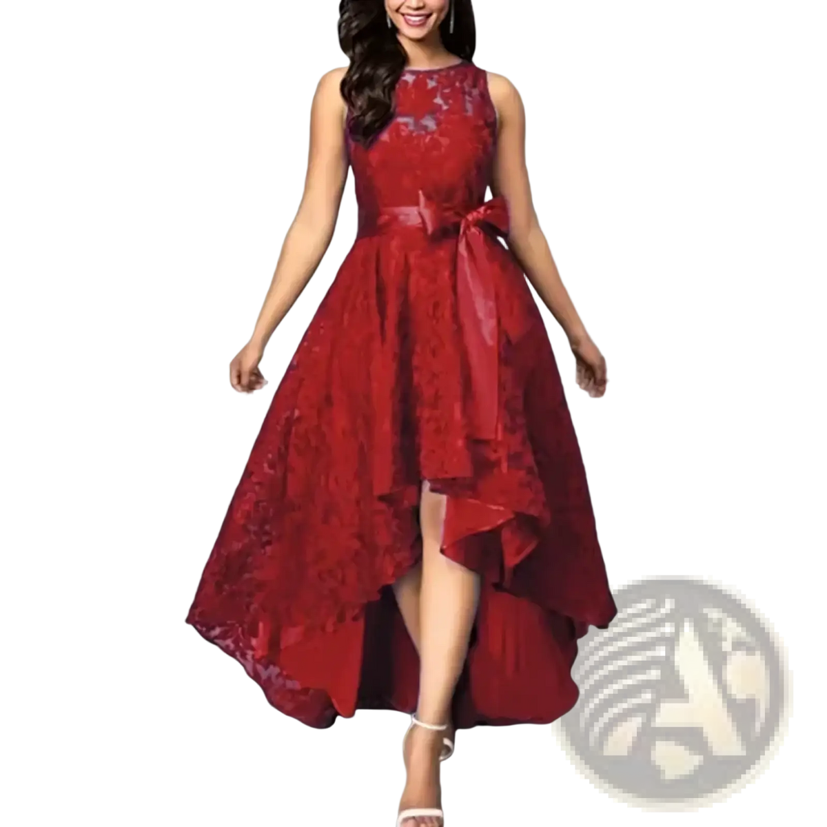 A vibrant red lace evening maxi dress with a fitted bodice, layered ruffles, and an elegant bow belt for formal parties