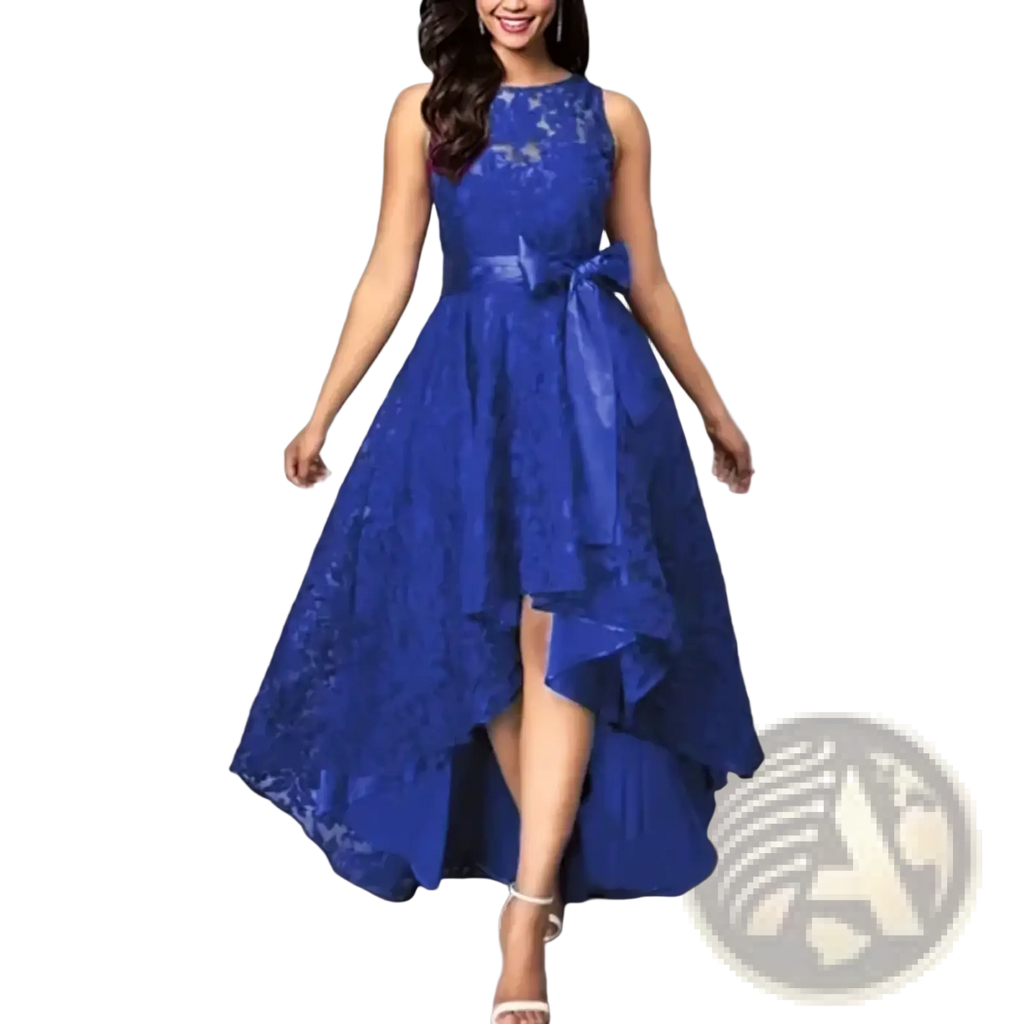 A vibrant royal blue lace evening maxi dress with high-low hemline and matching satin bow for plus size formal wear