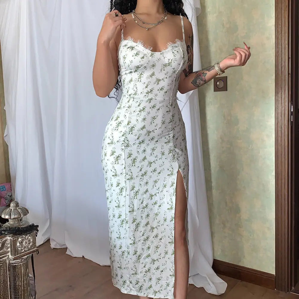 White lace floral print satin midi dress with thin spaghetti straps and a high side slit for elegant wear