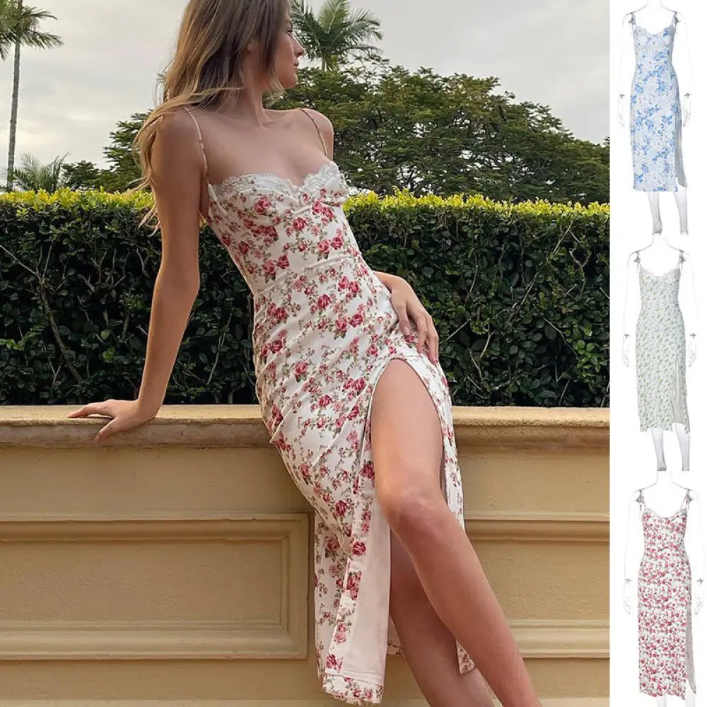 A flowing off-white satin midi slip dress with delicate pink and red floral lace print and high side slit