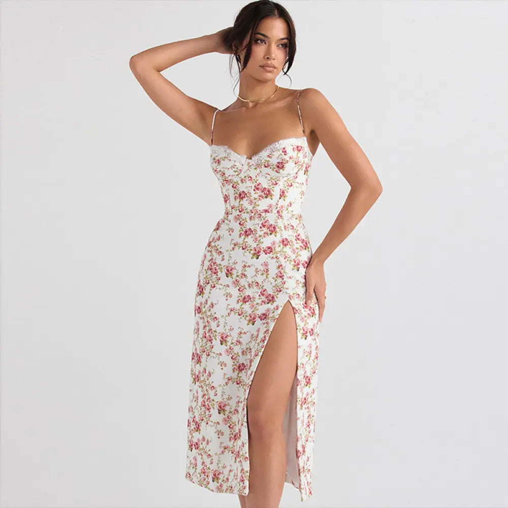 Lace floral print satin midi dress in white with thin spaghetti straps and a high side slit