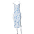 Light blue lace floral print satin midi dress with thin spaghetti straps and a side slit