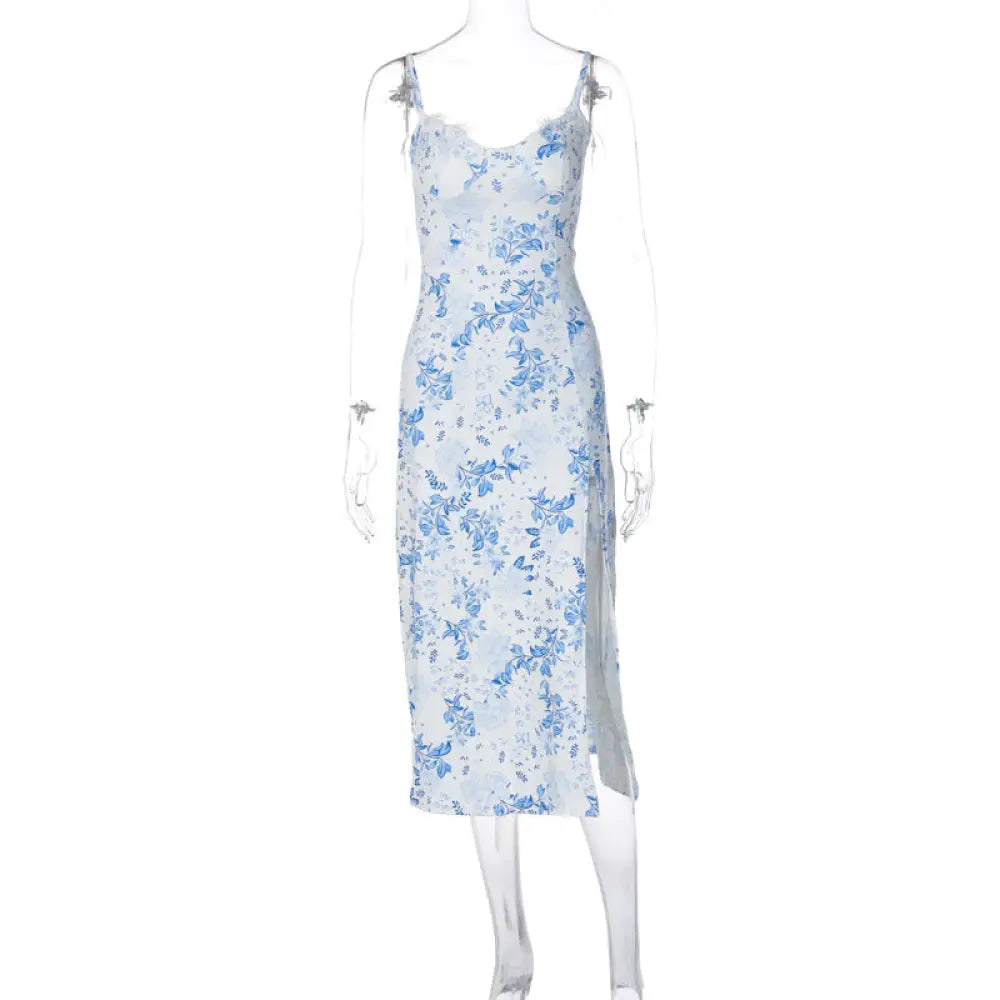 Light blue lace floral print satin midi dress with thin spaghetti straps and a side slit