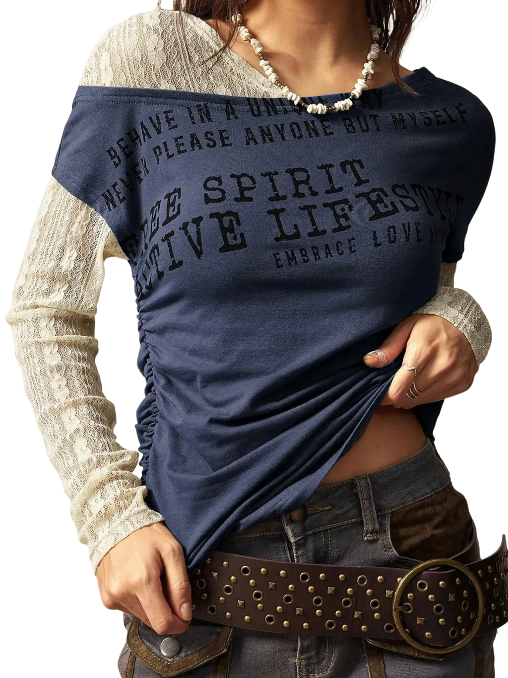 Navy blue lace layer off shoulder knitted top with black print and sheer lace long sleeves for elegant layering