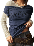 Navy blue lace layer off shoulder knitted top with black print and sheer lace long sleeves for elegant layering