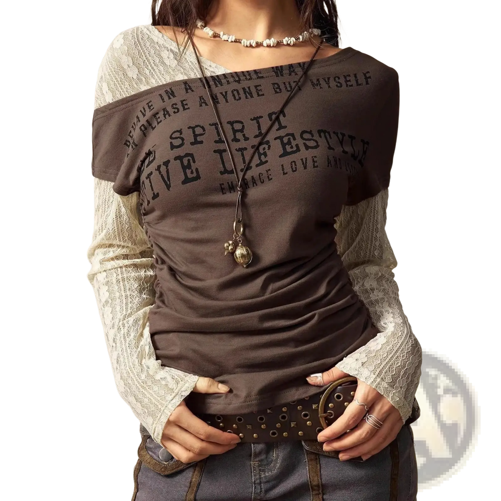 Brown lace layer off shoulder knitted top with black printed text and delicate lace long sleeves