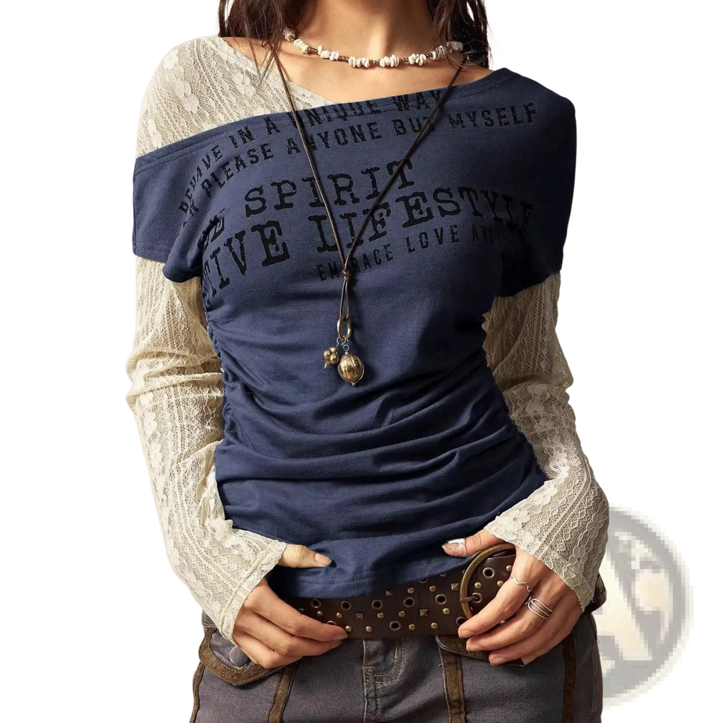 Navy blue knitted off-the-shoulder t-shirt with black text and black lace long-sleeve layer underneath