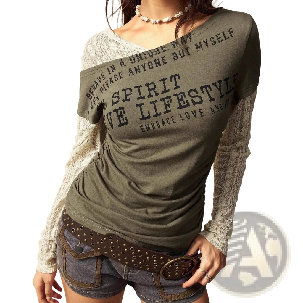 Olive green lace layer off shoulder knitted top with sheer lace long sleeves and black printed text on short sleeves