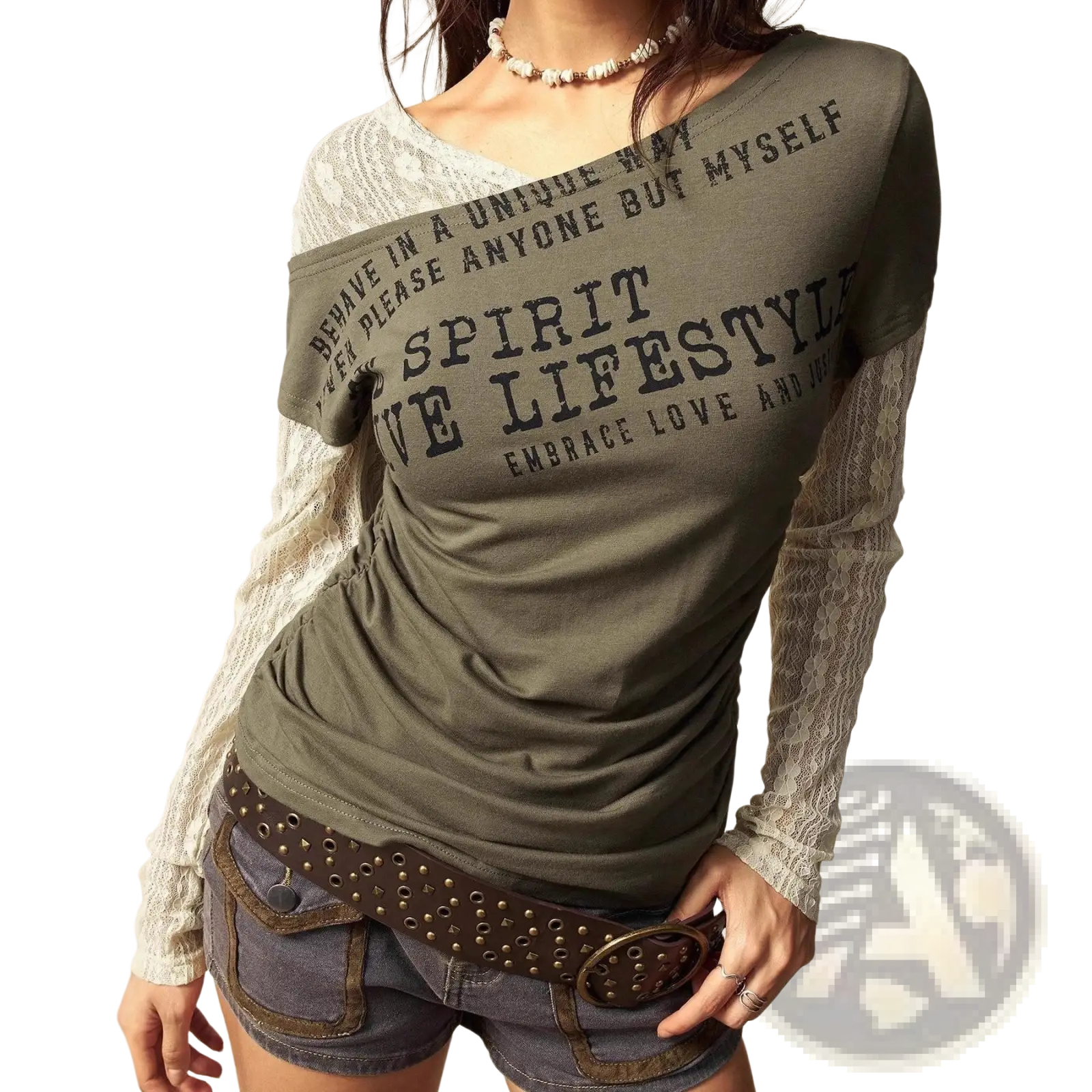 Olive green lace layer off shoulder knitted top with sheer lace long sleeves and black printed text on short sleeves