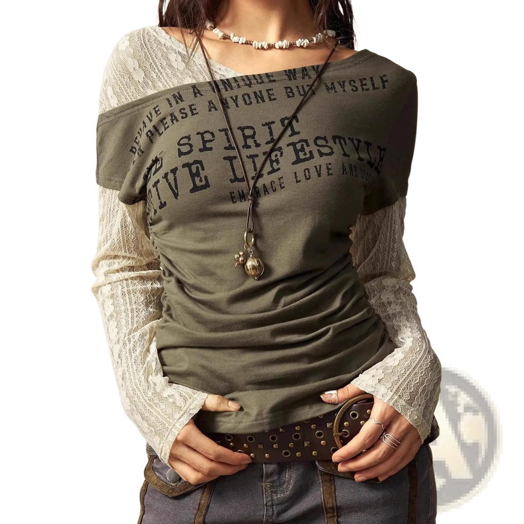 Lace layer off shoulder knitted top in olive green with black printed text and sheer white lace long sleeves underneath