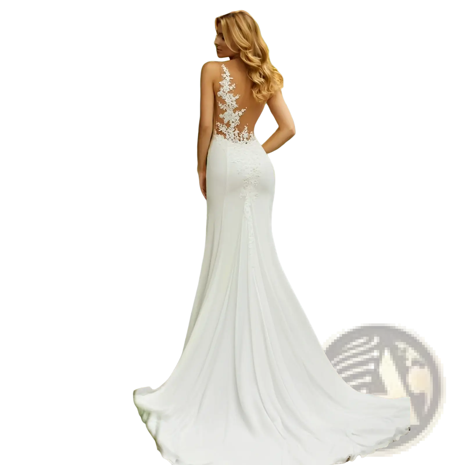 Back view of a flowing white mermaid wedding dress with intricate lace detailing and a long train