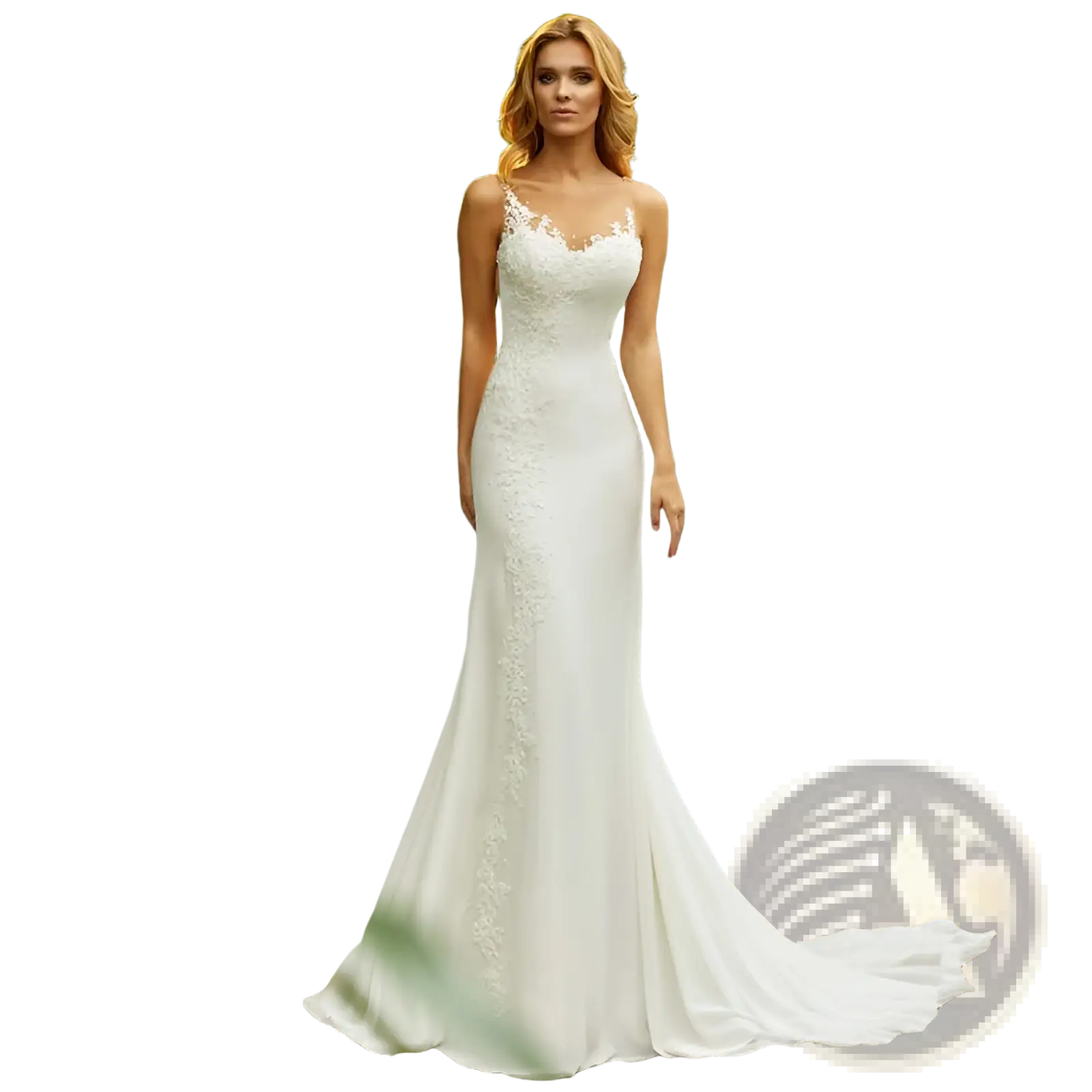 A white lace mermaid wedding dress with delicate lace detailing on the bodice and side seam with train