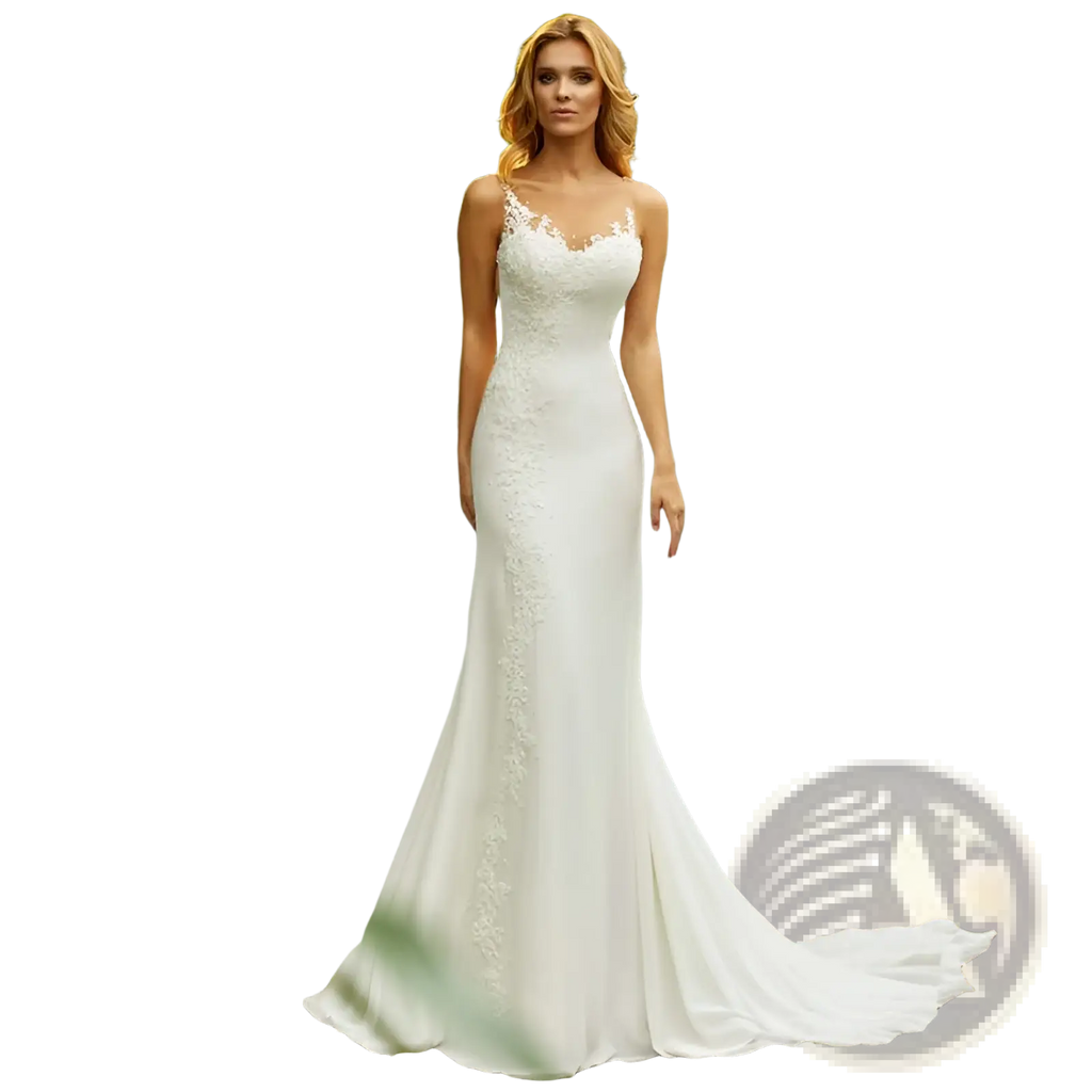 White lace mermaid wedding dress with delicate lace detailing along the bodice and side seam with train
