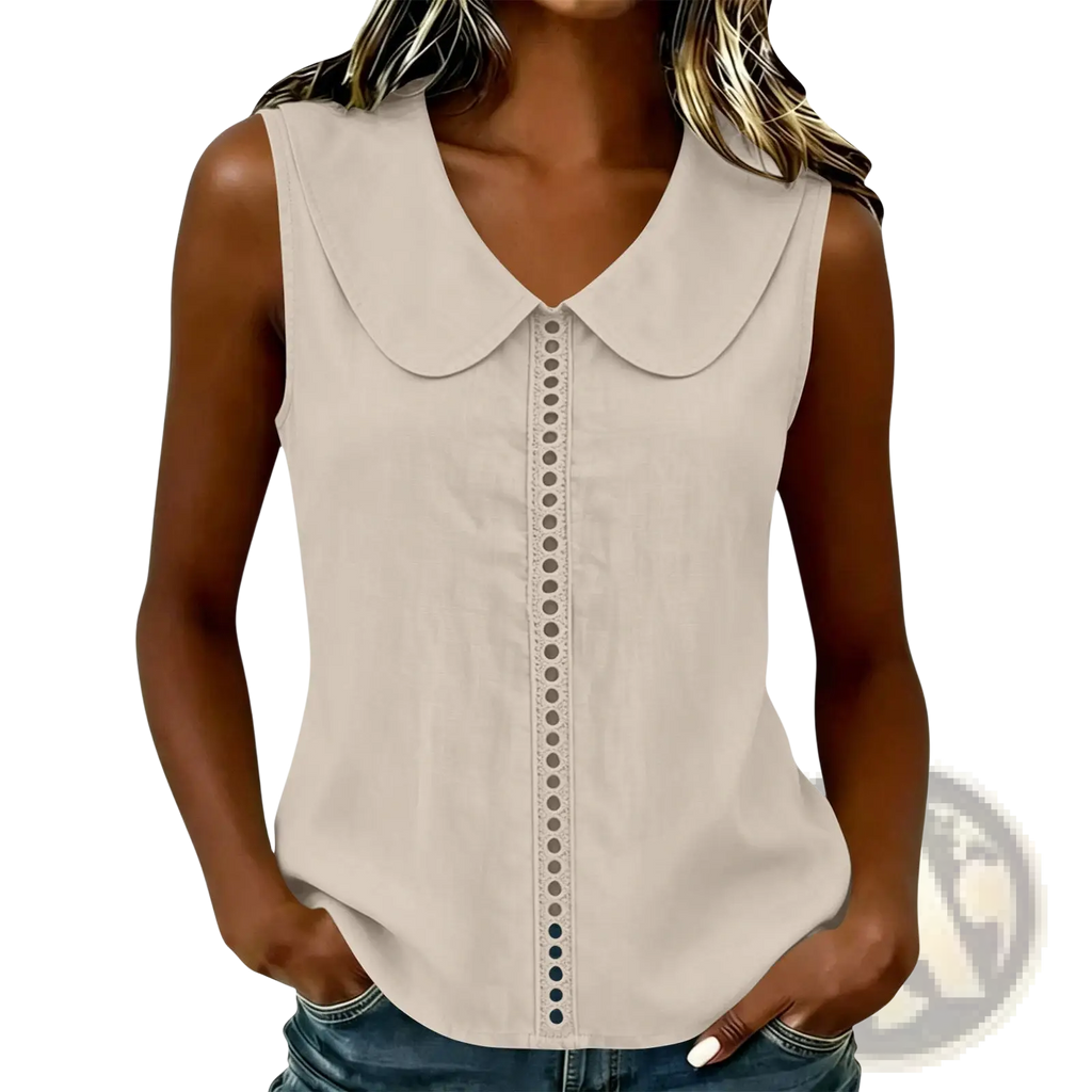 Beige sleeveless top with lace panel and classic peter pan collar detailing on the front placket