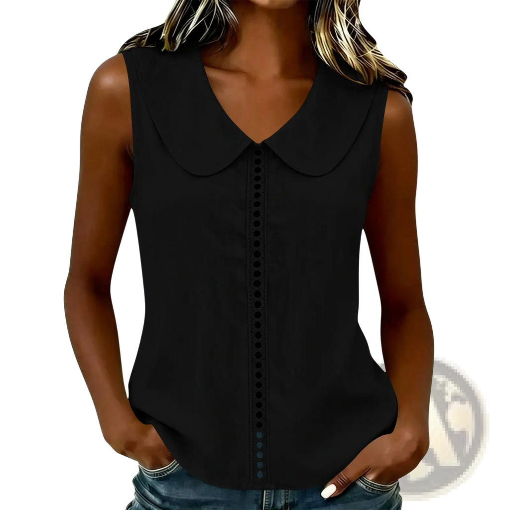 Black sleeveless top with lace panel, peter pan collar, and vertical button detail down the front