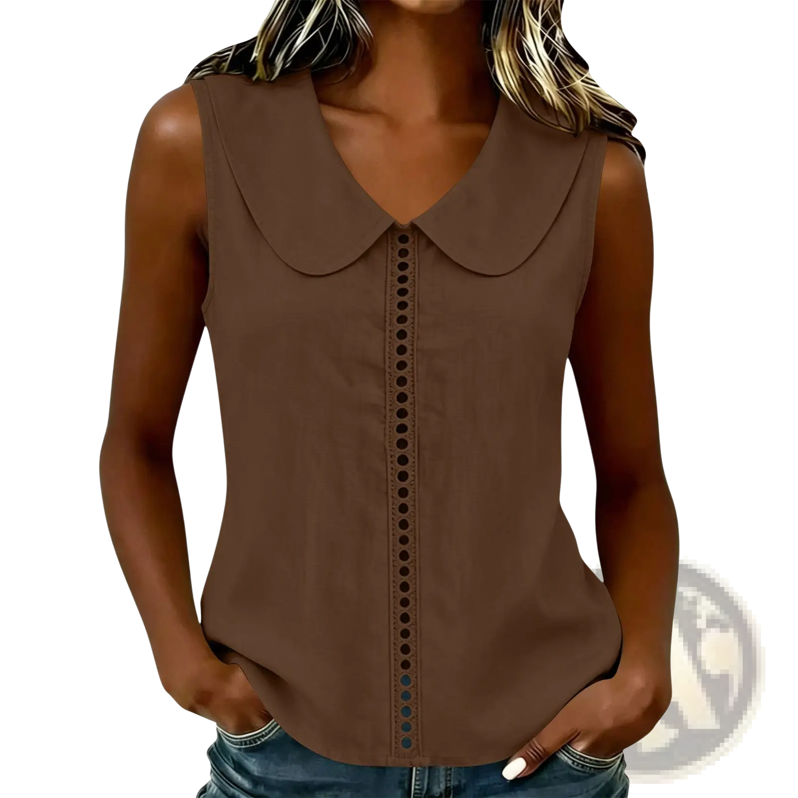 Brown lace panel sleeveless top with peter pan collar and decorative button detailing down the front