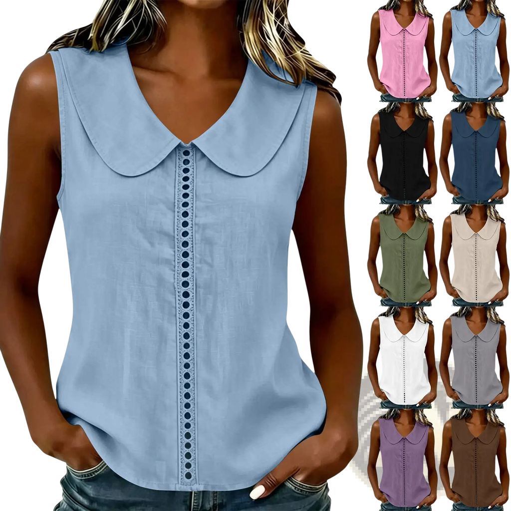 Light blue lace panel sleeveless top with classic peter pan collar and delicate button detailing down the front
