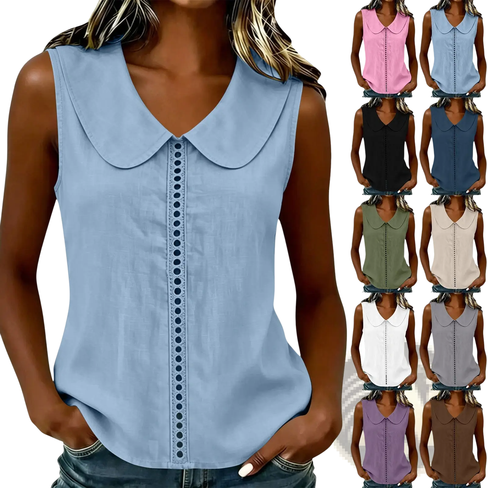 Light blue lace panel sleeveless top with classic peter pan collar and delicate button detailing down the front