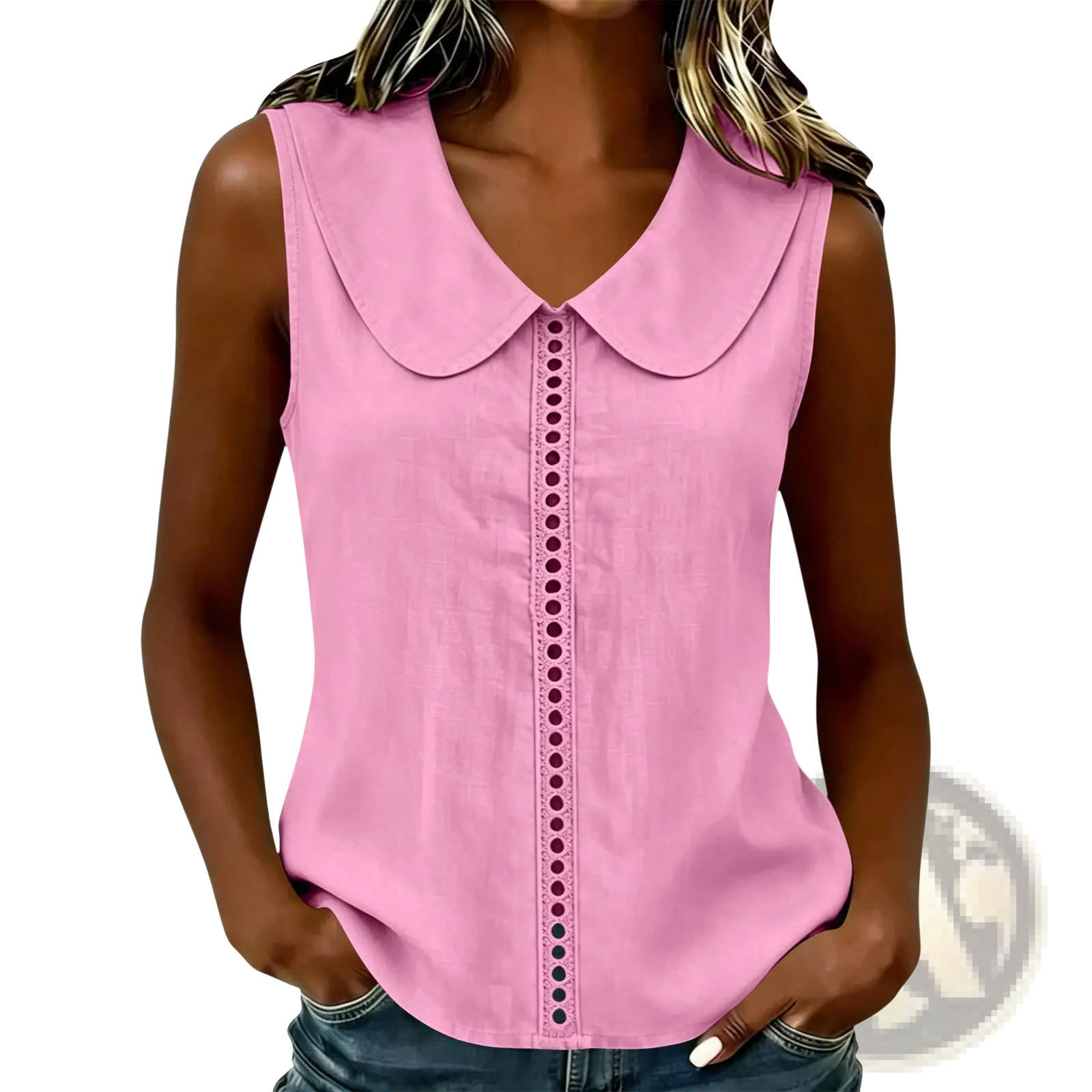 Pink sleeveless lace panel top with peter pan collar and decorative button detailing down the front