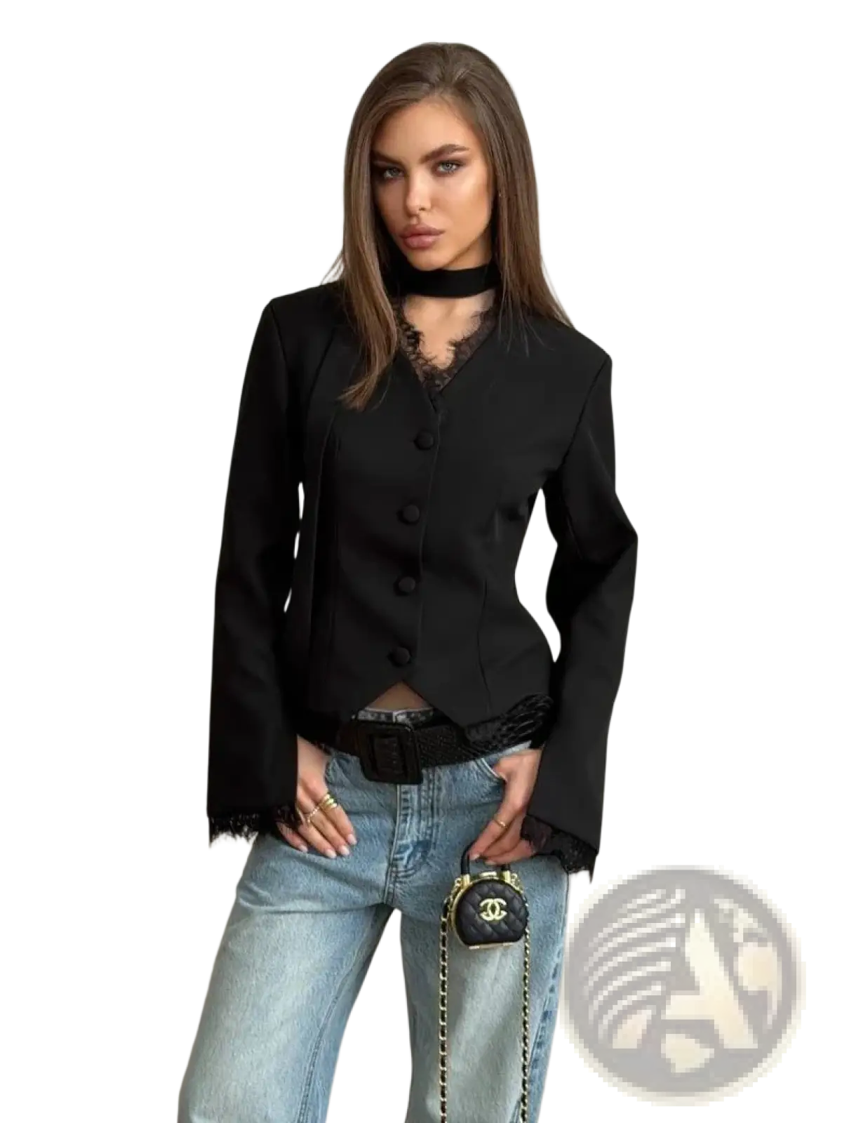 Black quilted Chanel mini bag with gold-tone hardware and chain strap complementing lace patchwork blazer winter coat