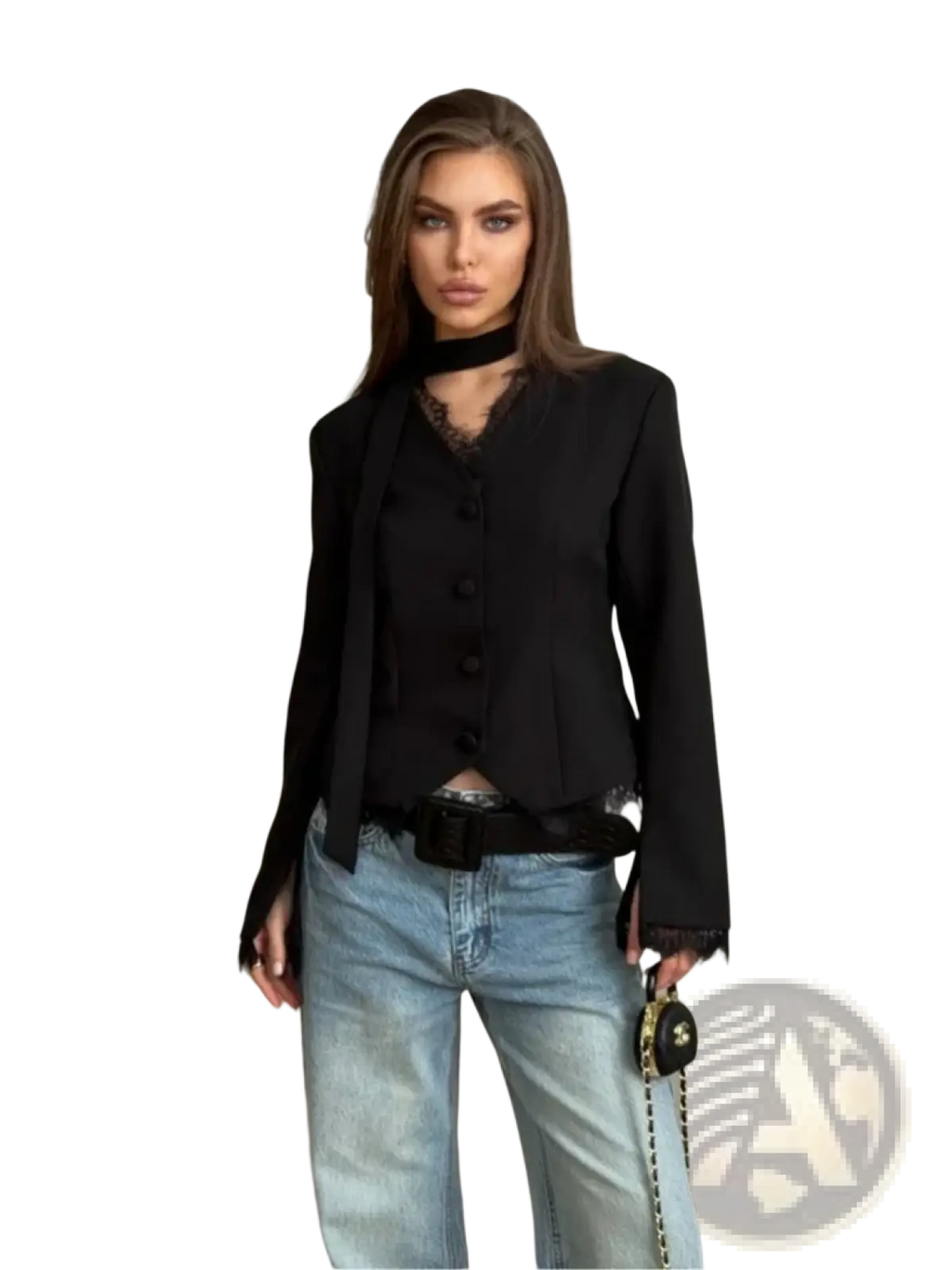 Black lace-trimmed blazer with button front and frayed cuffs in a lace patchwork blazer chic v-neck winter coat style