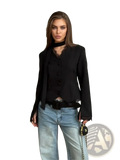 Black lace-trimmed blazer with button front and frayed cuffs in a lace patchwork blazer chic v-neck winter coat style