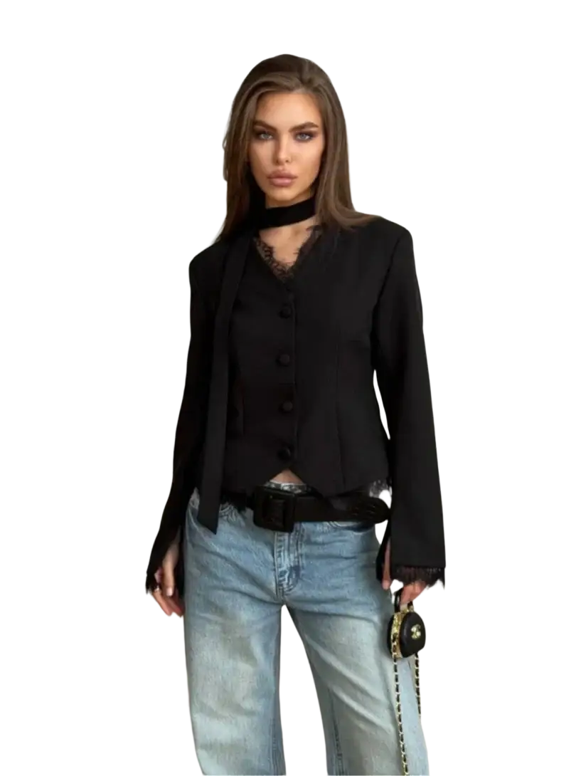 Black lace-trimmed blazer with button front and frayed cuffs in a lace patchwork blazer chic v-neck winter coat style