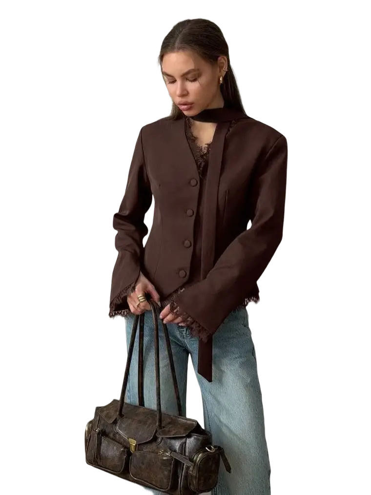 Brown leather satchel with multiple pockets and gold-tone clasp paired with lace patchwork blazer chic v-neck winter coat