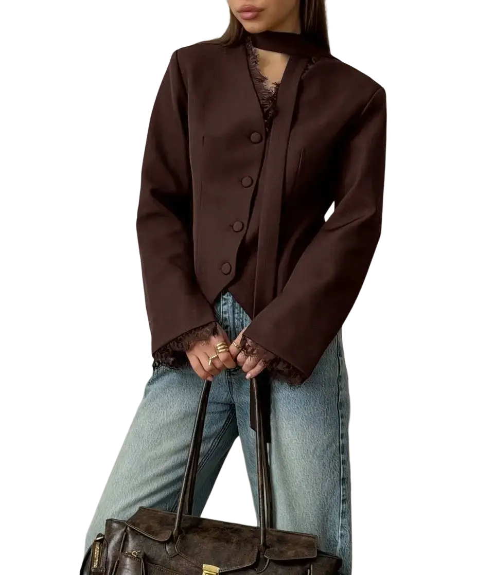 Brown leather tote bag with top handles and gold-tone clasp complementing lace patchwork blazer chic v-neck winter coat