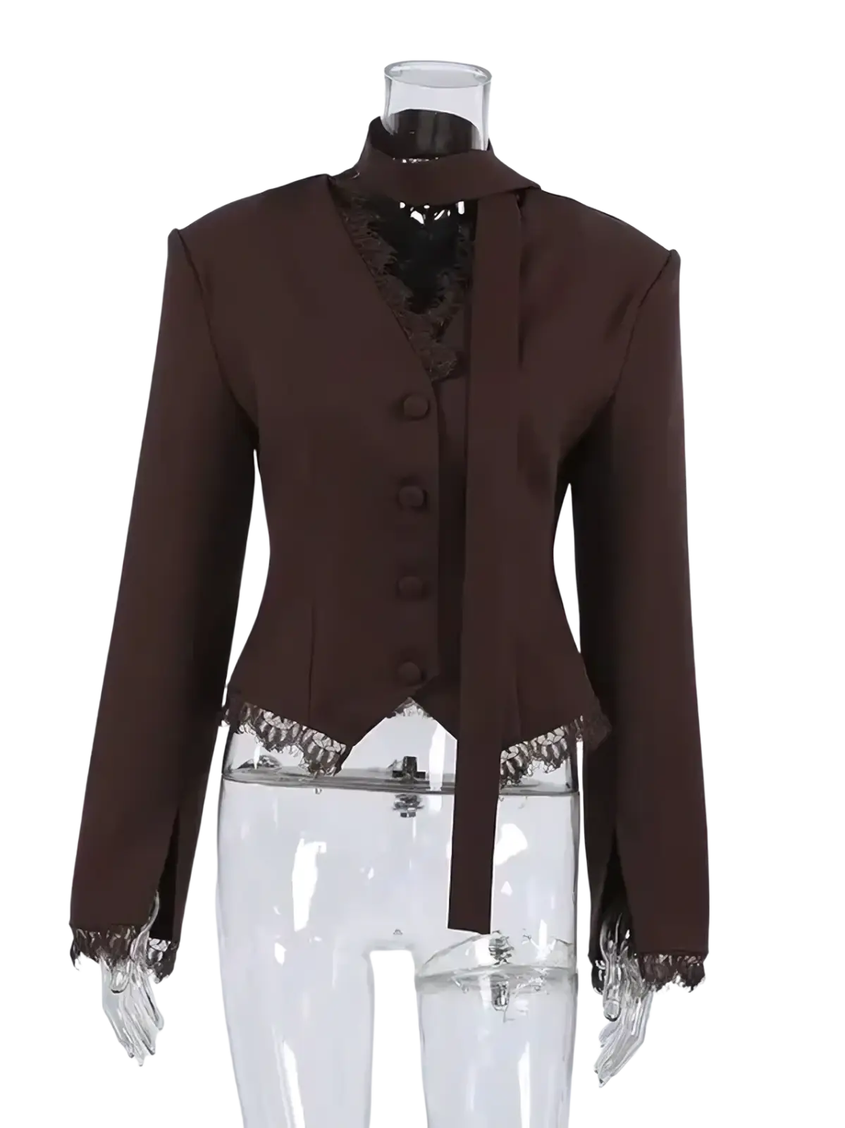 Brown lace-trimmed blazer with high collar and button-front design for chic winter wear