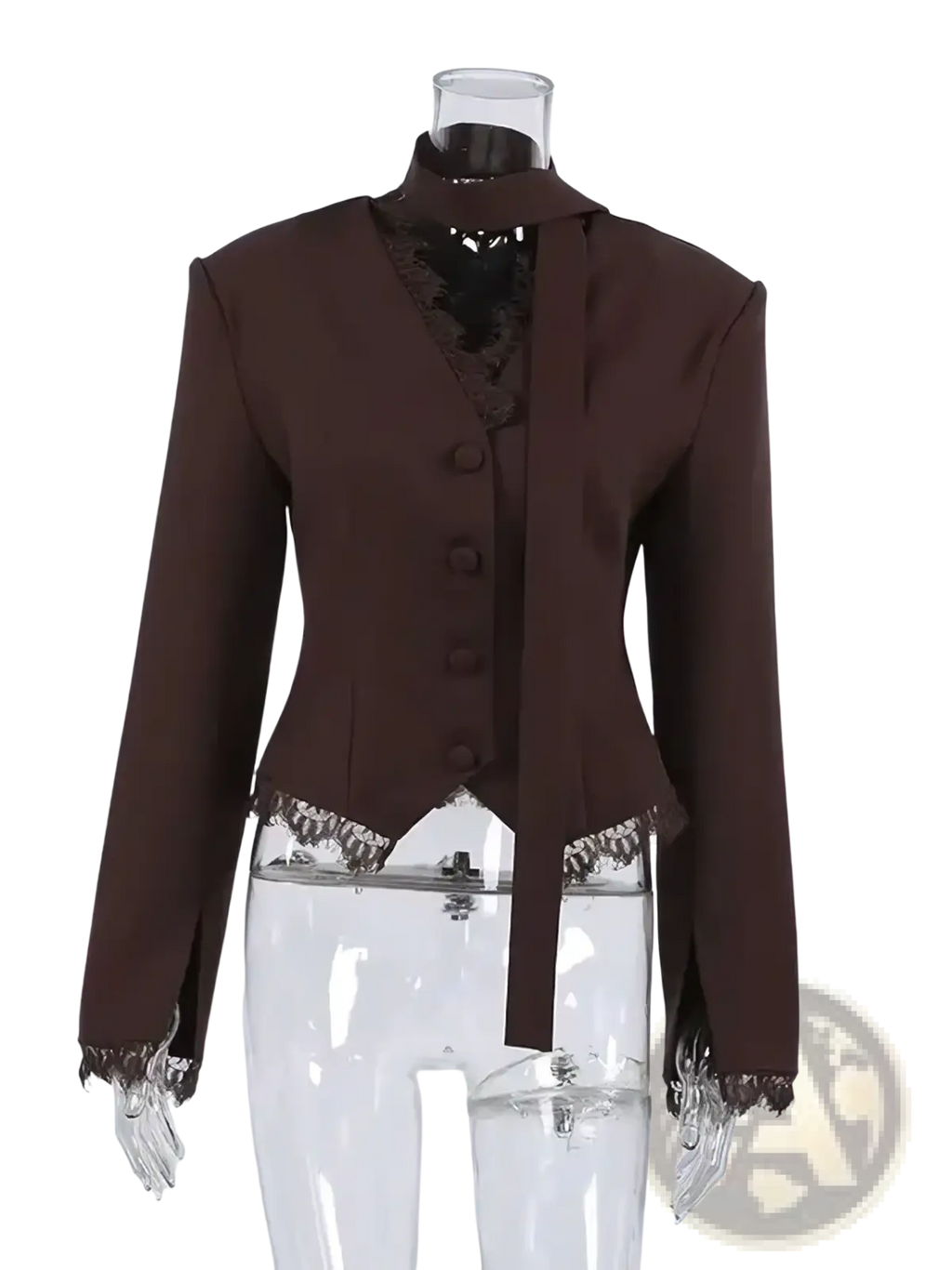 Brown lace-trimmed blazer with high collar and button-front design for chic winter wear