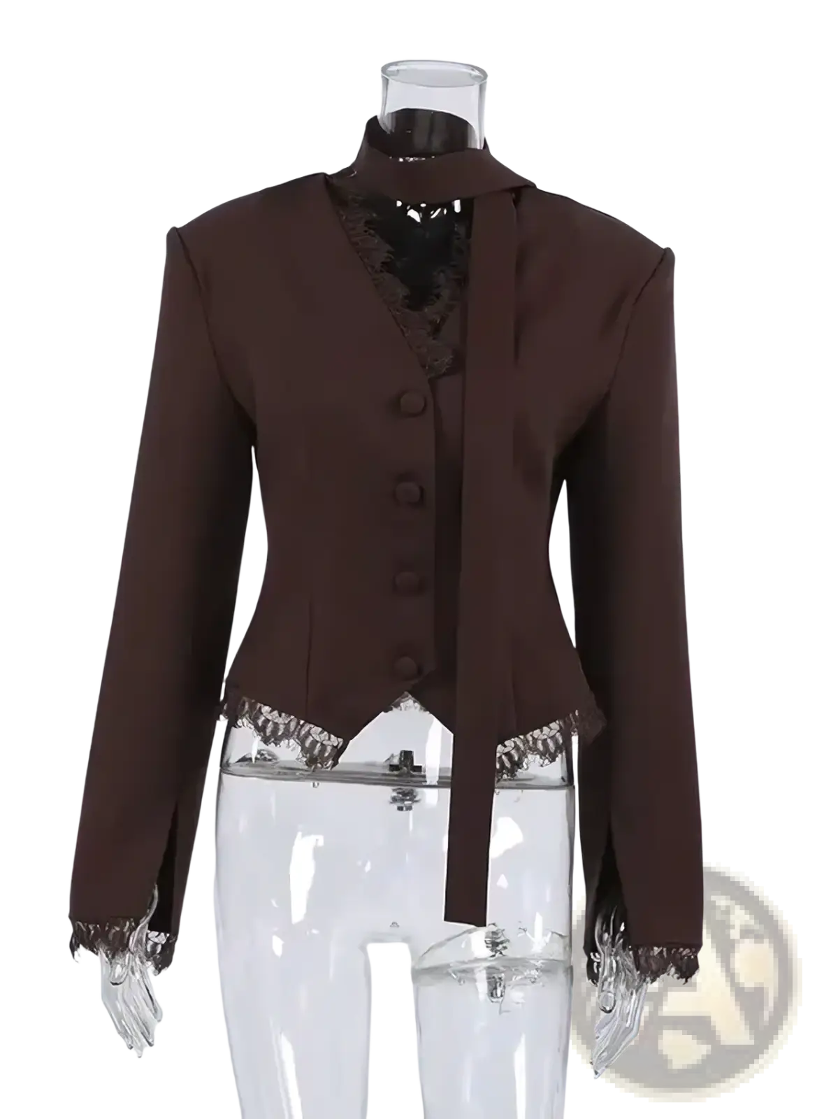 Brown lace-trimmed blazer with high collar and button-front design for chic winter wear