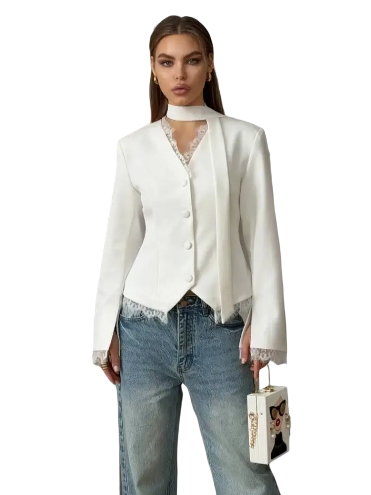 White lace-trimmed blazer with button-front and draped collar in lace patchwork for chic winter wear
