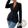 Black lace patchwork blazer for women featuring lace detailing at the sides in a sexy suit coat design